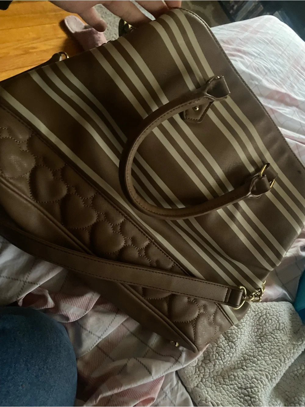 Betsey Johnson Brown and‎ Cream Striped Tote with Bow Charm 16” x12”